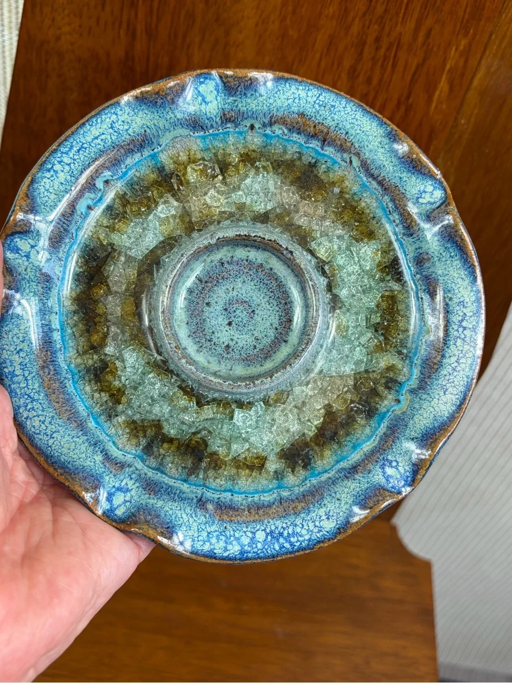 80's Studio Pottery Cerulean Blue Geode Votive Candle Holder Crackled Glass  USA